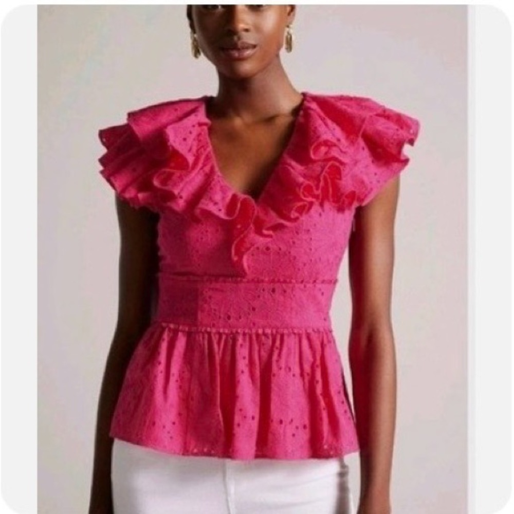 Ted Baker Mazieh Broderie Eyelet Peplum top hot pink. Size 2